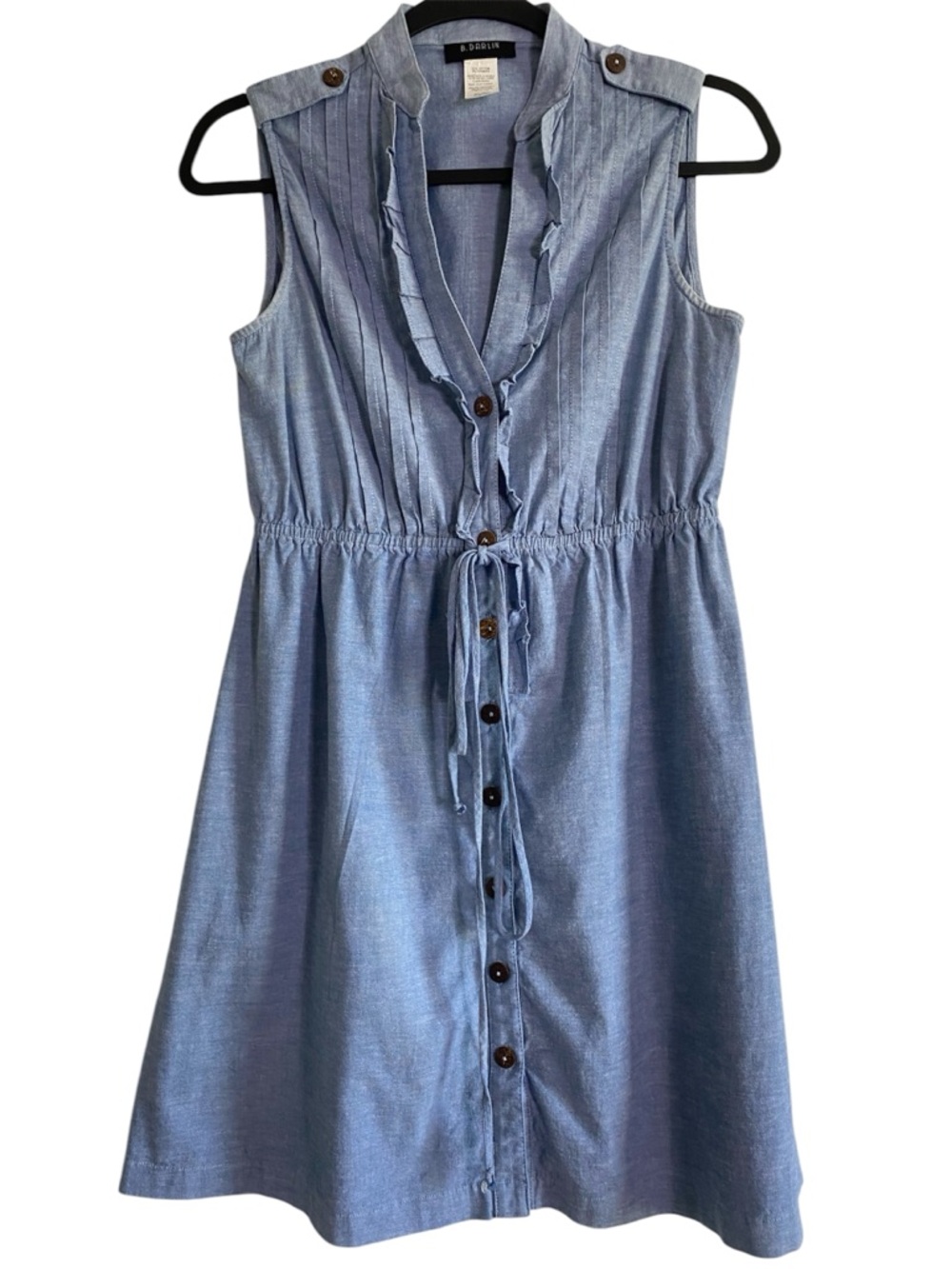 Chambray Button Front Dress Sleeveless Blue Tie Waist Size 9/10